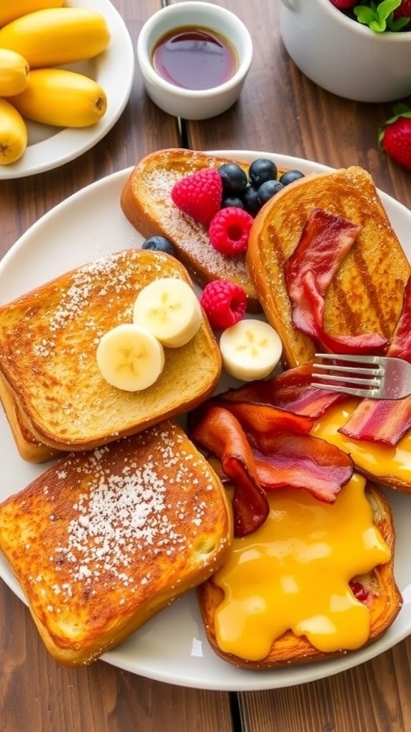 Four Delicious French Toast Variations An assortment of French toast variations including classic, stuffed, banana bread, and savory styles, served with syrup and fresh fruit.
